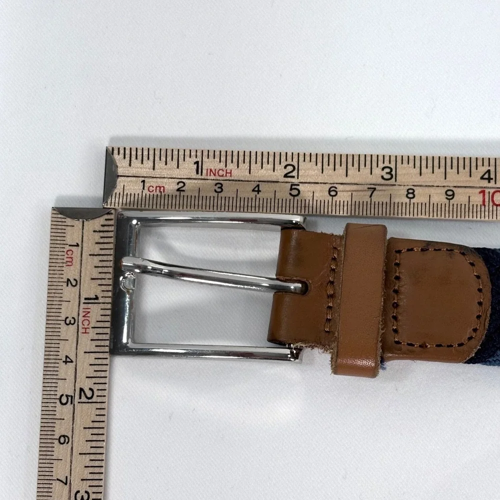 J.Crew Woven Belt Navy Blue Brown Leather Trim Silver Buckle Large